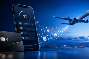 Cartão de crédito e smartphone com aplicativo de recompensas ao lado de um avião em voo, representando transferência de pontos para programas de milhas e viagens aéreas.