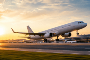 Avião decolando com céu bonito