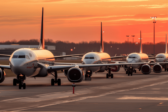 Aviões aguardando para decolar ao pôr do sol