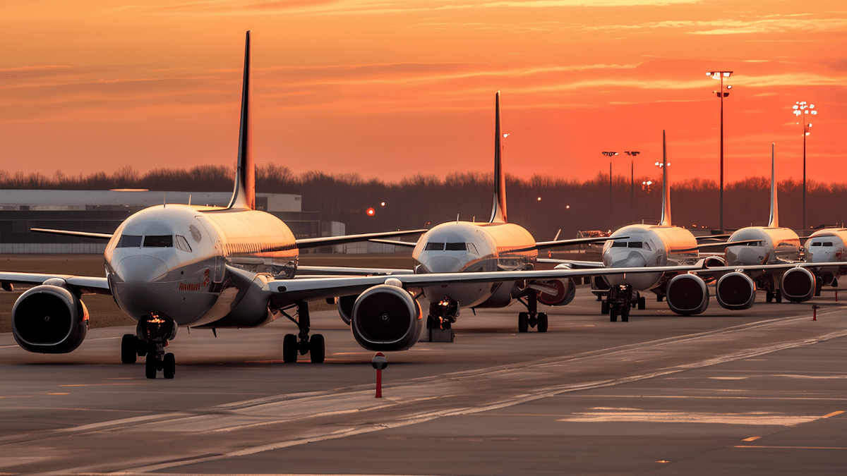 Aviões aguardando para decolar ao pôr do sol