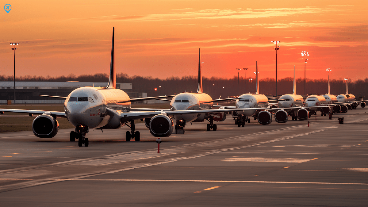 Fila de aviões aguardando para levantarem voo